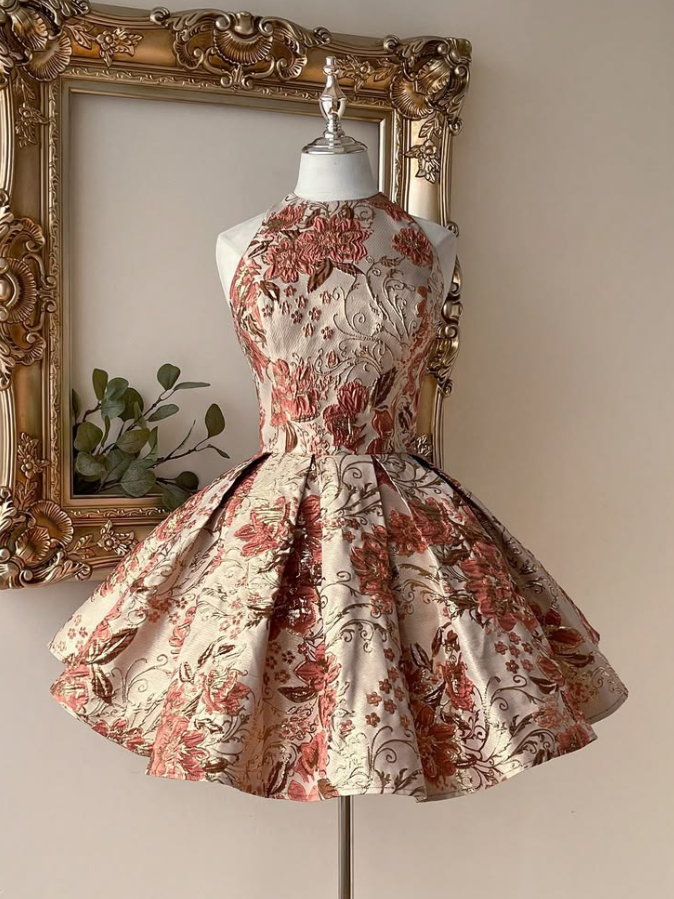 Embroidered High Collar Corset Homecoming Dress , Reteo Floral Short Prom Dress Birthday Dress RS2094