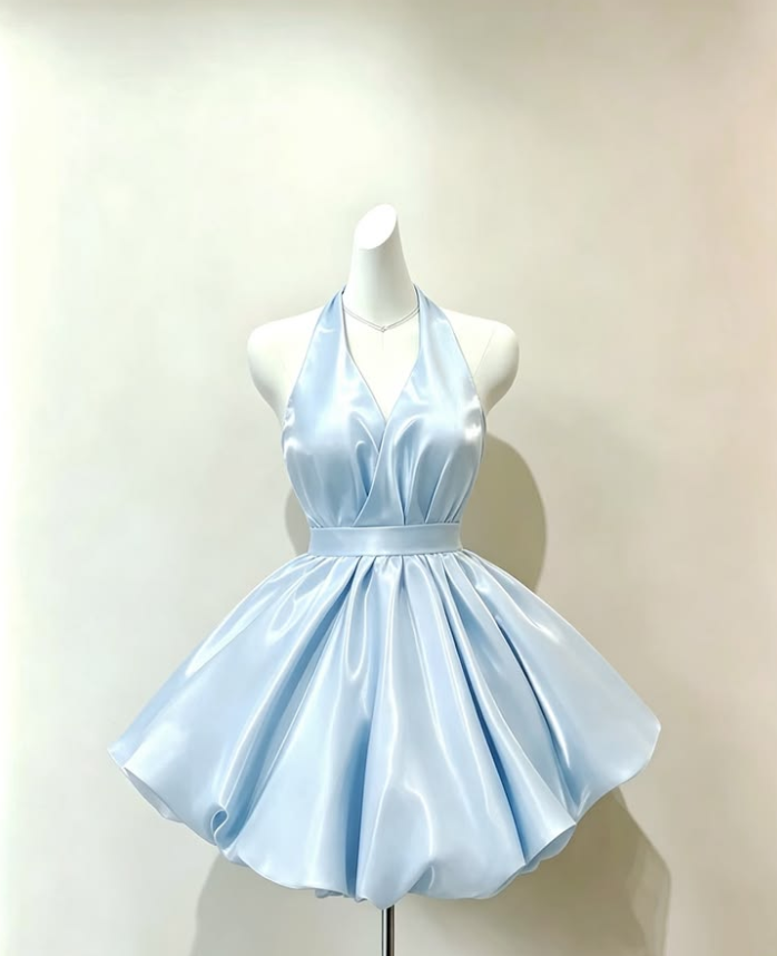 Silky Halter Corset Homecoming Dress , Charming Blue Short Prom Dress Birthday Dress RS2102
