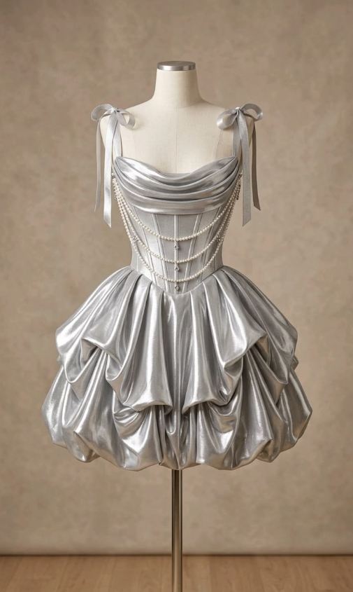 Silky Beading Pleated Corset Homecoming Dress , Sparkly Sliver Short Prom Dress Cami Dress RS2103