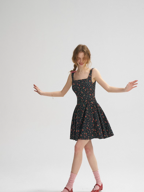 French Retro Floral Sling Dress Sleeveless Short Skirt R2704