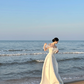 White one‑shoulder, waist‑cinched satin elegant long prom dress R7968