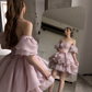 Pink Strapless Ruched Waist Tiered Tulle Mini Homecoming Dress R5453