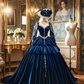 Blue square neckline fitted waist slim-fitting ball gown with a flared tiered skirt R7215