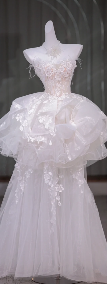 White tube top three-dimensional flower waist slim fit puffy skirt layered long dress bridal gown R5826