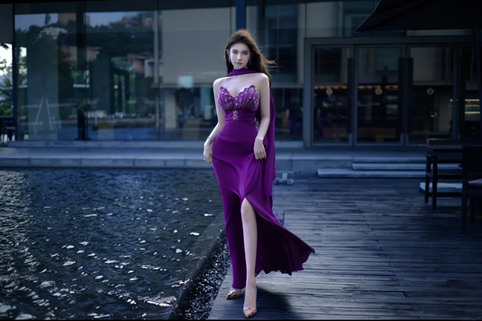 Purple Strapless Waist-Cinched Fitted High-Slit Floor-Length Prom Dress R7102