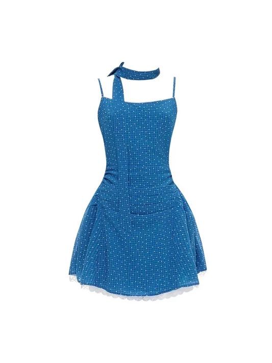 Sky blue suspender waist slim A-line short skirt homecoming dress R5233