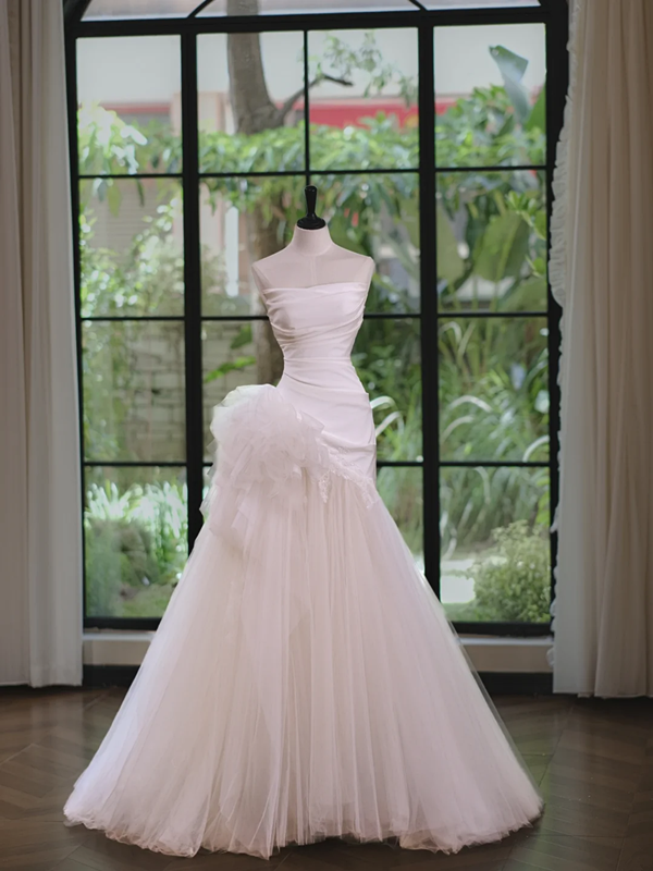 White satin strapless waist sexy fishtail maxi bridal gown R5709