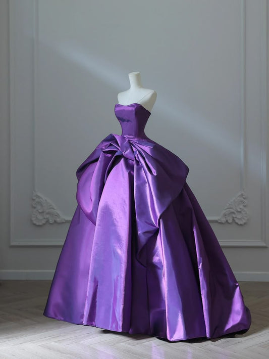 Dark purple tube-top dress with slim waist and puffy skirt, prom dress R5353
