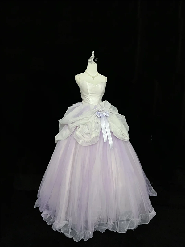 White strapless bodice, light purple tulle skirt, long ball gown R9049
