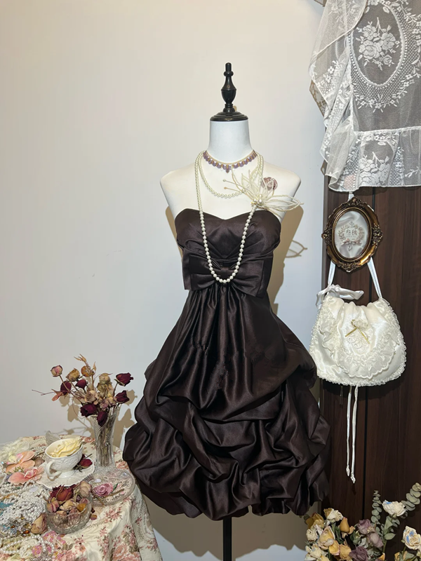 Dark brown tube top slim waist flower bud skirt short skirt homecoming dress R4239