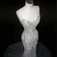 White suspender sequined diamond waist slim hip long skirt, prom dress R5632