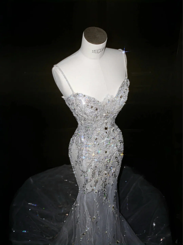 White suspender sequined diamond waist slim hip long skirt, prom dress R5632