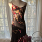 Black with pink floral print, halter-neck, fitted, asymmetrical hem, long ball gown R7738