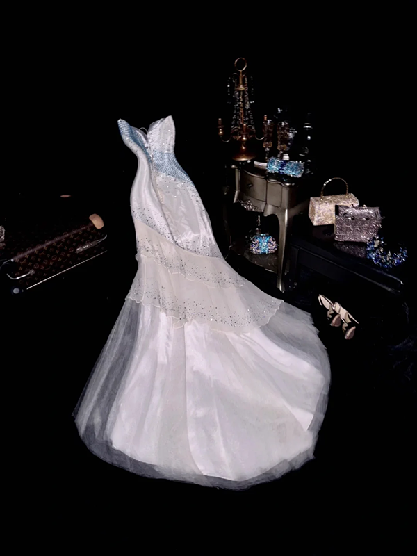 White strapless high-waisted beaded long ball gown, ethereal and charming R6942