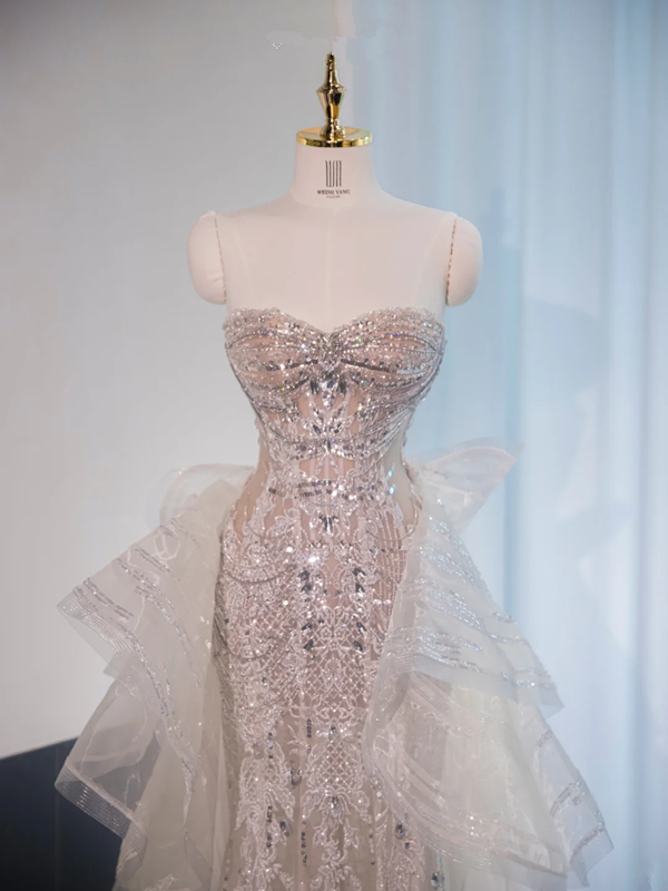 Light apricot strapless fitted waist bodycon long ball gown, bridal dress R8989
