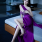 Purple Strapless Waist-Cinched Fitted High-Slit Floor-Length Prom Dress R7102