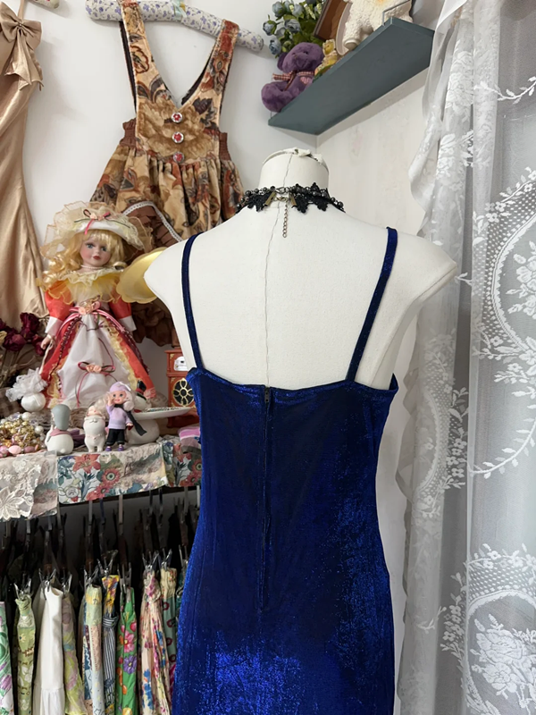 Retro blue halter-neck fitted bodycon dress, ball gown R6365