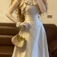 White Spaghetti Strap Waist-Cinched Slim-Fit Elegant Long Ball Gown & Bridal Gown R7384