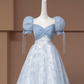 Light gray-blue puff sleeve, fitted waist, A-line skirt, long ball gown R8498