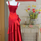 Red suspender satin slim waist pleated skirt long ball gown R6224
