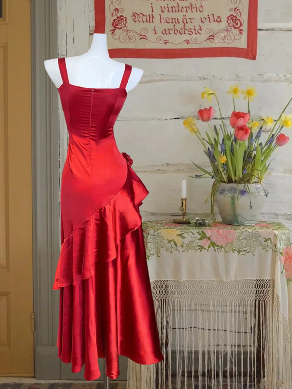 Red suspender satin slim waist pleated skirt long ball gown R6224