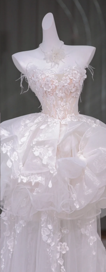 White tube top three-dimensional flower waist slim fit puffy skirt layered long dress bridal gown R5826