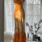 Orange halter-neck, fitted, elegant long ball gown R7698