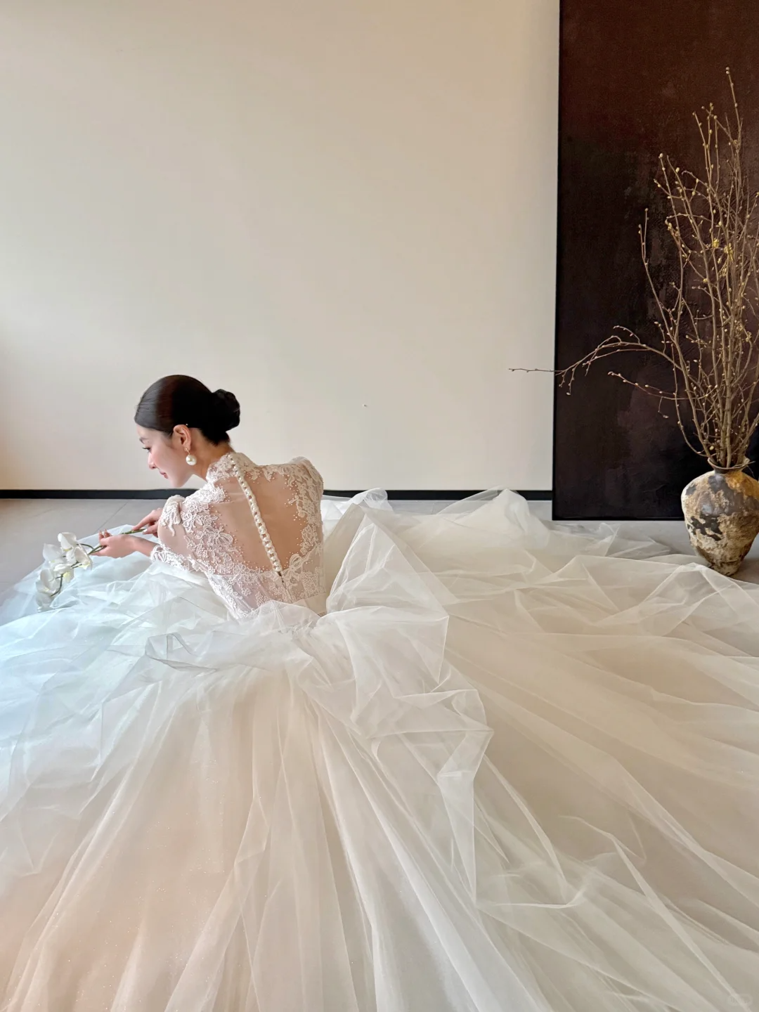 White lace top slim fit puffy skirt tulle long dress bridal gown R6064