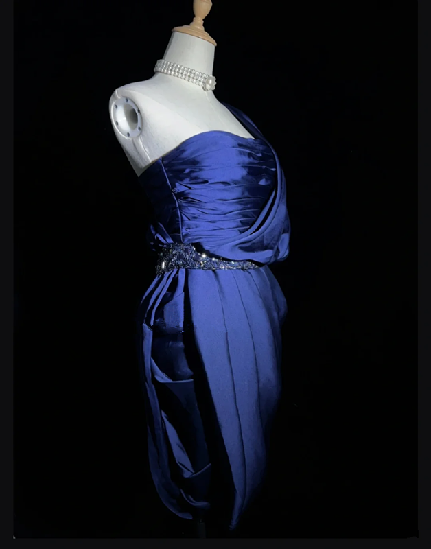 Dark blue strapless pleated design asymmetrical skirt homecoming dress R5012