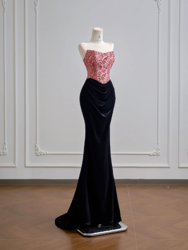 Pink strapless fitted bodice with black bodycon long skirt for a sexy ball gown R8156