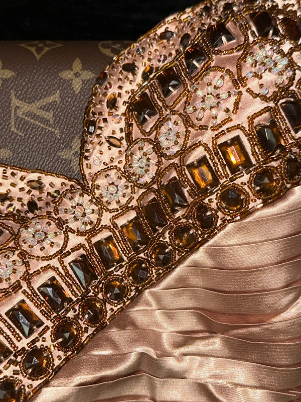 Rose gold strapless fitted sequined long ball gown R6861