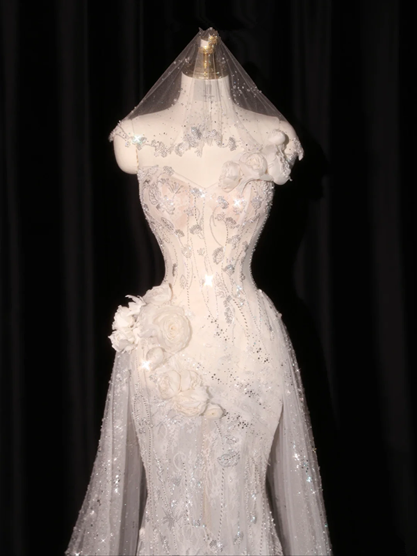 White strapless, fitted waist, bodycon skirt, long ball gown, bridal dress R8929