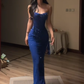 Dark blue strapless fitted waist bodycon sexy ball gown R8066