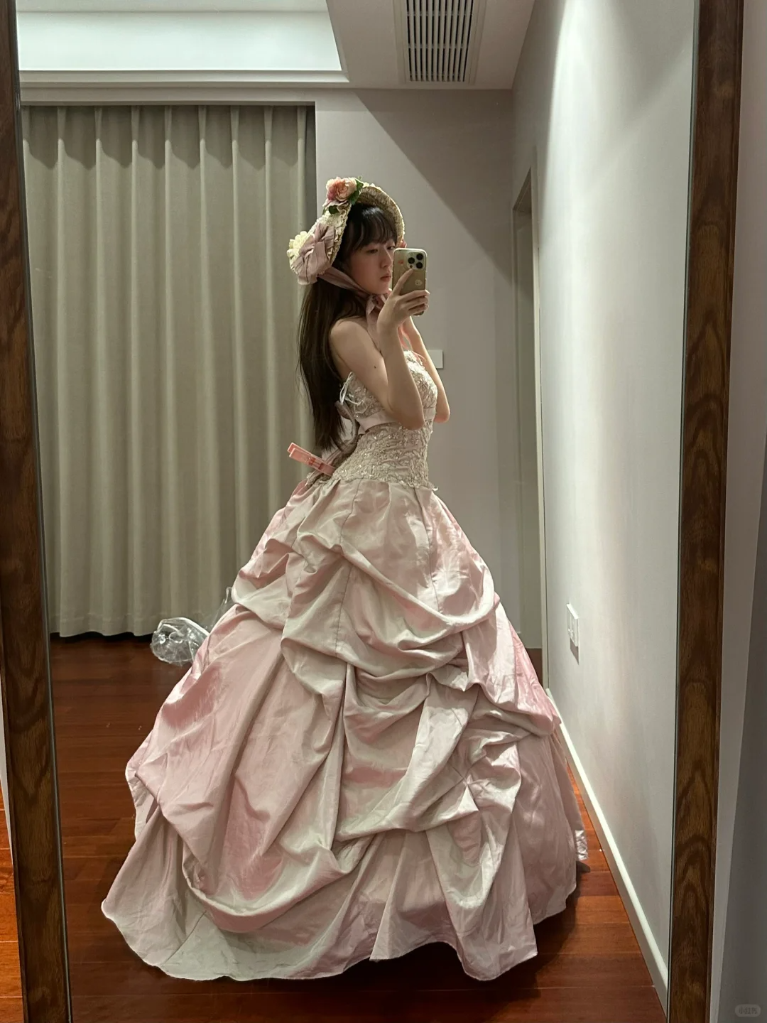 Light pink strapless, fitted waist, full skirt, long ball gown, bridal dress R8839