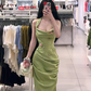 Light green halter neck, fitted waist, pleated hip-hugging sexy long ball gown R7889