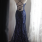 Navy blue sequined halter-neck fitted bodycon long ball gown R6782
