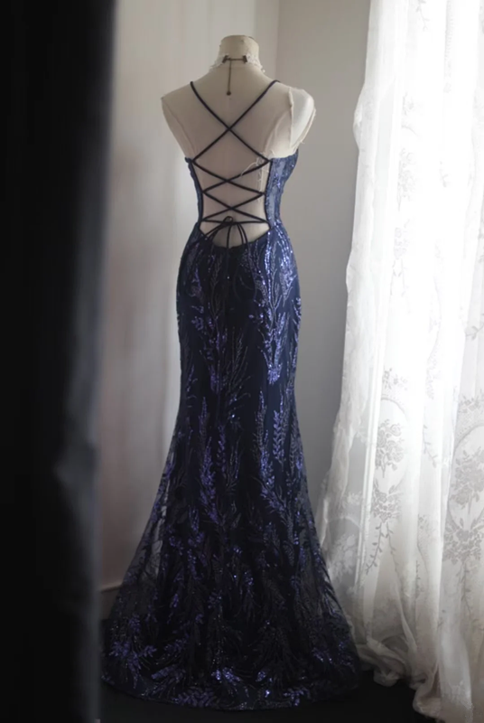 Navy blue sequined halter-neck fitted bodycon long ball gown R6782