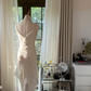 White halter-neck fitted midi ball gown R7769