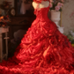 Red Halter-Neck Waist-Cinched Puffy-Hem Ball Gown, Bridal Gown R7336