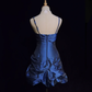 Dark blue suspender satin waist slim fit flower bud skirt short skirt homecoming dress R4971