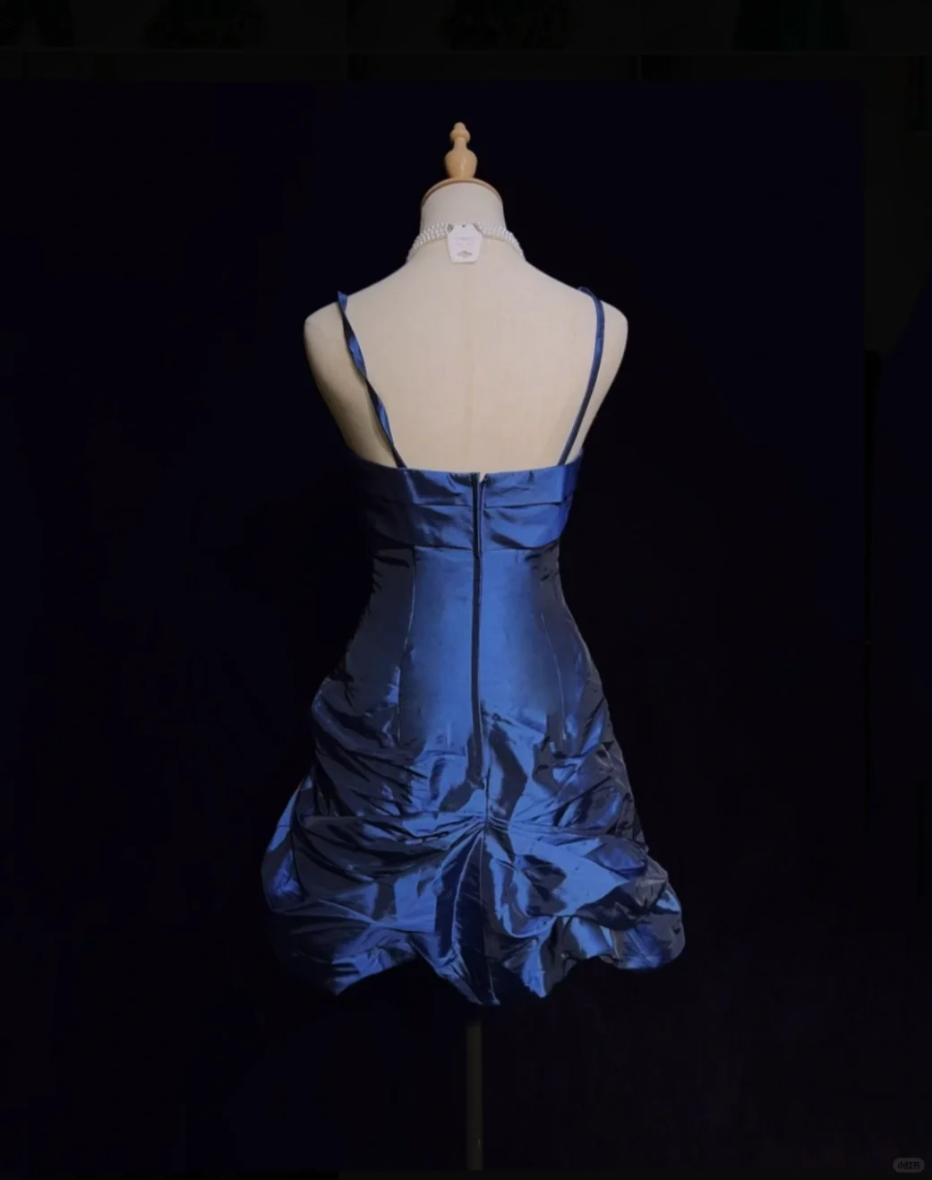 Dark blue suspender satin waist slim fit flower bud skirt short skirt homecoming dress R4971