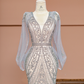 Light apricot V-neck fitted waist slim hip-hugging sexy long ball gown R8408