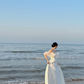 White one‑shoulder, waist‑cinched satin elegant long prom dress R7968