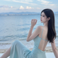 Light blue halter-neck backless sexy long ball gown R7542