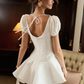 White puff sleeves, slim waist, A-line short skirt, homecoming dress R4483