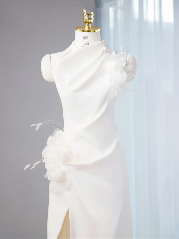 White halter-neck, fitted waist, sexy long ball gown/bridal dress R9019