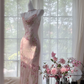 Light pink floral print halter-neck fitted long elegant ball gown R7657