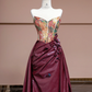 Vintage oil painting floral strapless cinched waist patchwork burgundy long ball gown, bridal dress R8321