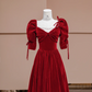Deep red square neckline fitted waist long ball gown, bridal dress R8383