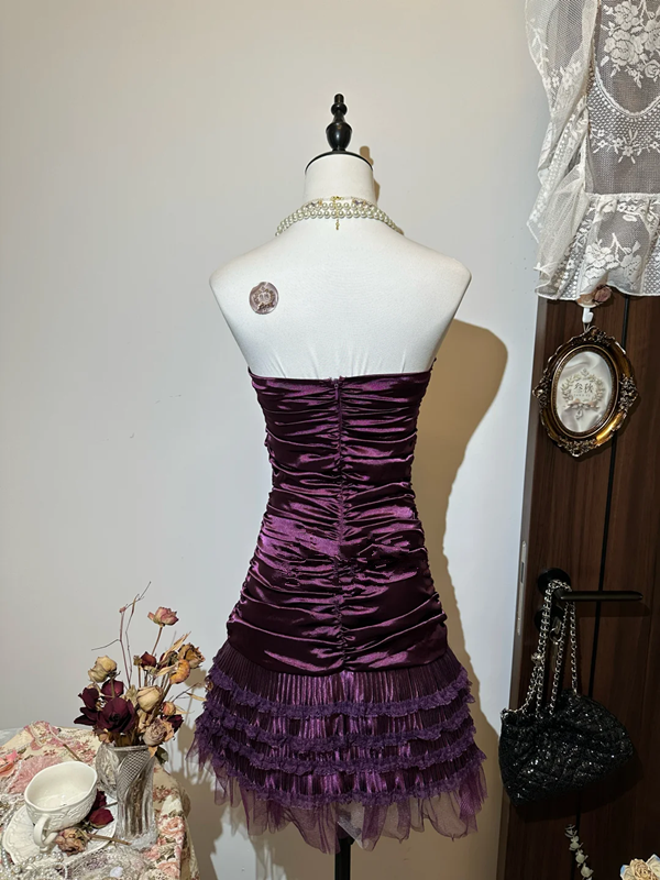 Dark purple satin tube top waist pleated hip sexy short skirt homecoming dress R4281